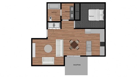 Floor plan for 1 bed, 1 bath, 740 sqft